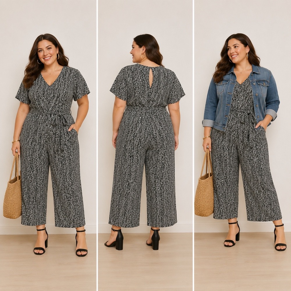 1. STATE 2X Black White Floral Flutter Sleeve Tie Waist Cropped Culotte Jumpsuit